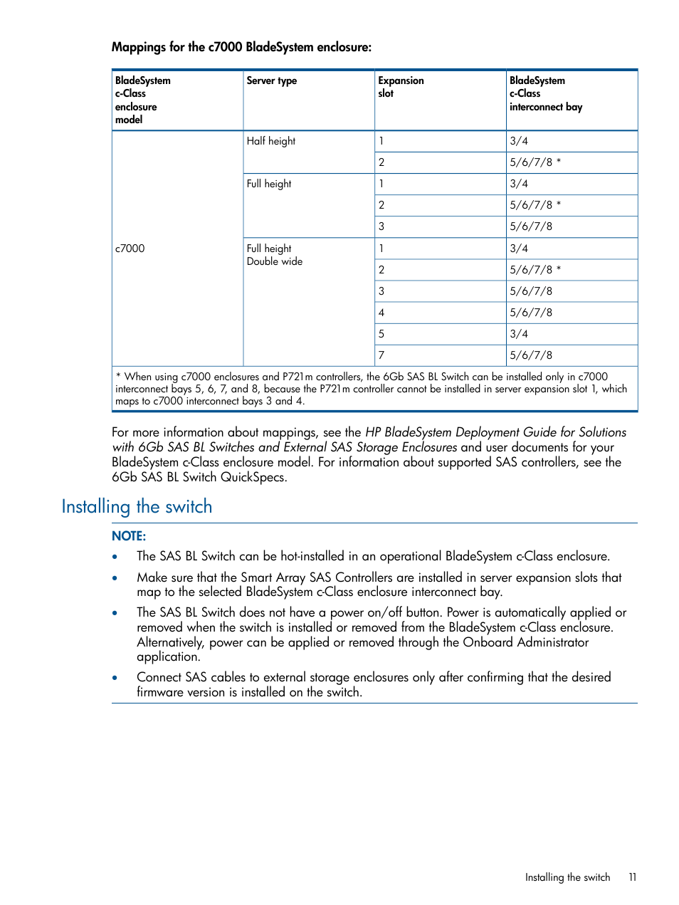 Installing the switch | HP 6Gb SAS Switch for HP BladeSystem c-Class User Manual | Page 11 / 39