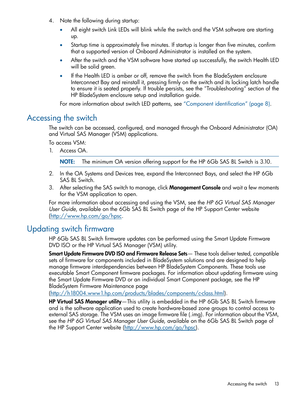 Accessing the switch, Updating switch firmware, Accessing the switch updating switch firmware | HP 6Gb SAS Switch for HP BladeSystem c-Class User Manual | Page 13 / 39