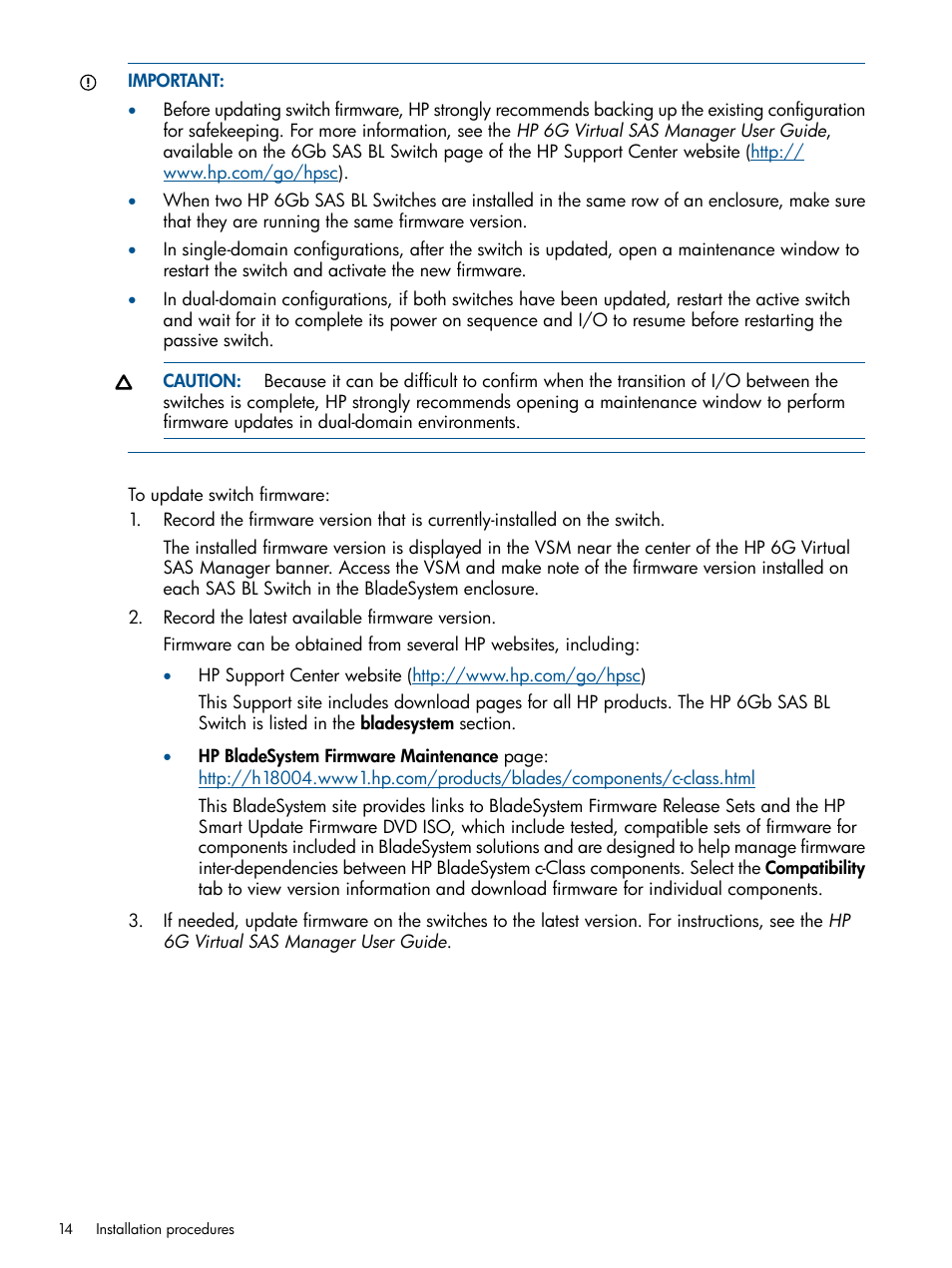 HP 6Gb SAS Switch for HP BladeSystem c-Class User Manual | Page 14 / 39