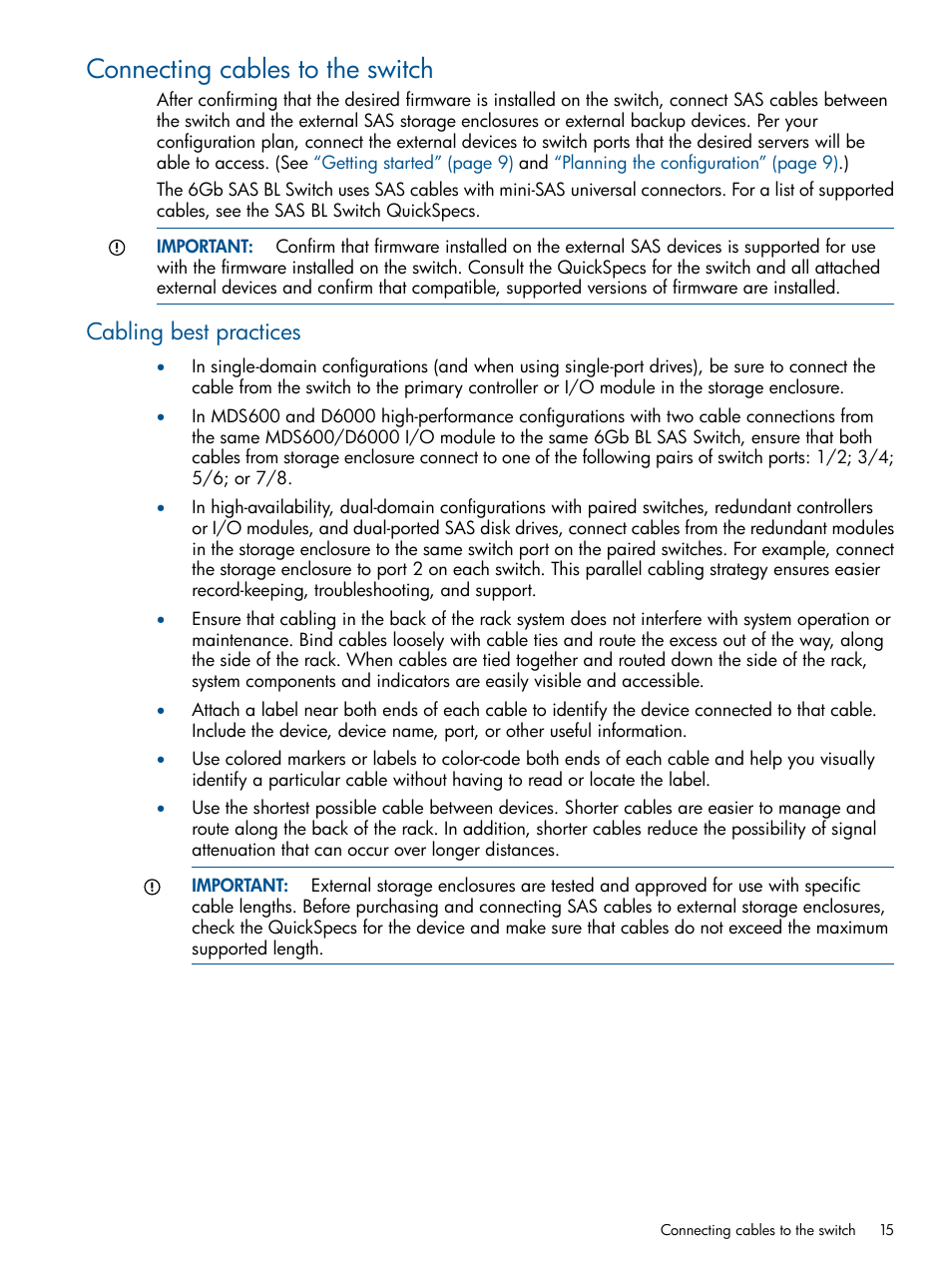 Connecting cables to the switch, Cabling best practices, Connecting | HP 6Gb SAS Switch for HP BladeSystem c-Class User Manual | Page 15 / 39