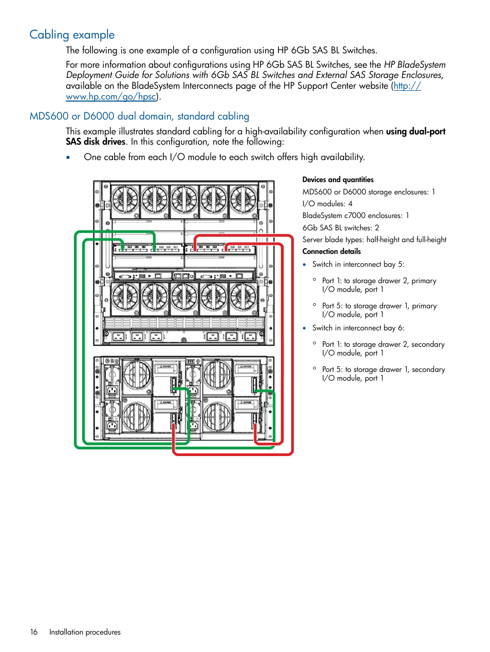 Cabling example, Mds600 or d6000 dual domain, standard cabling | HP 6Gb SAS Switch for HP BladeSystem c-Class User Manual | Page 16 / 39