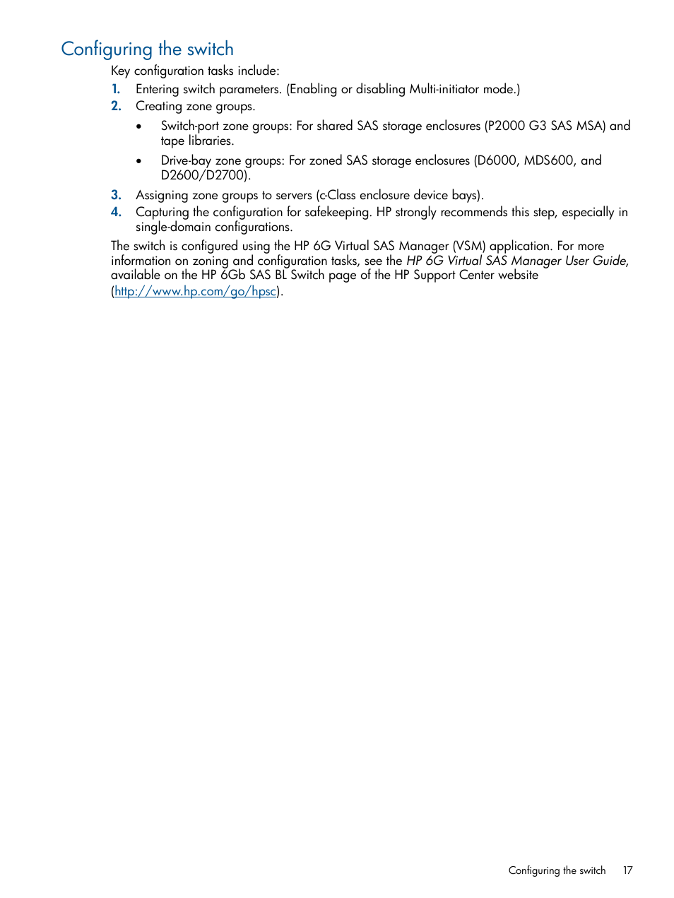 Configuring the switch | HP 6Gb SAS Switch for HP BladeSystem c-Class User Manual | Page 17 / 39