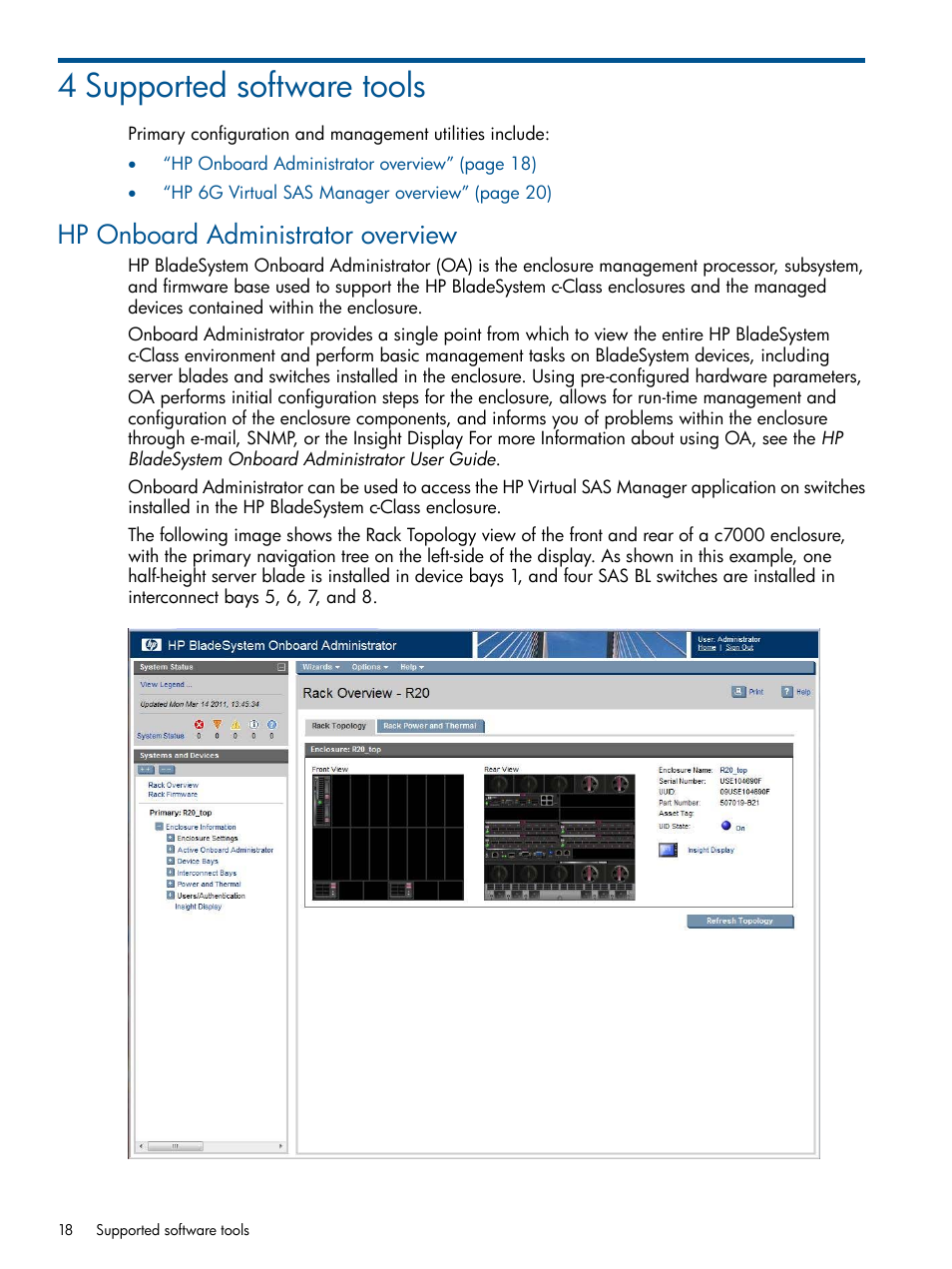 4 supported software tools, Hp onboard administrator overview | HP 6Gb SAS Switch for HP BladeSystem c-Class User Manual | Page 18 / 39