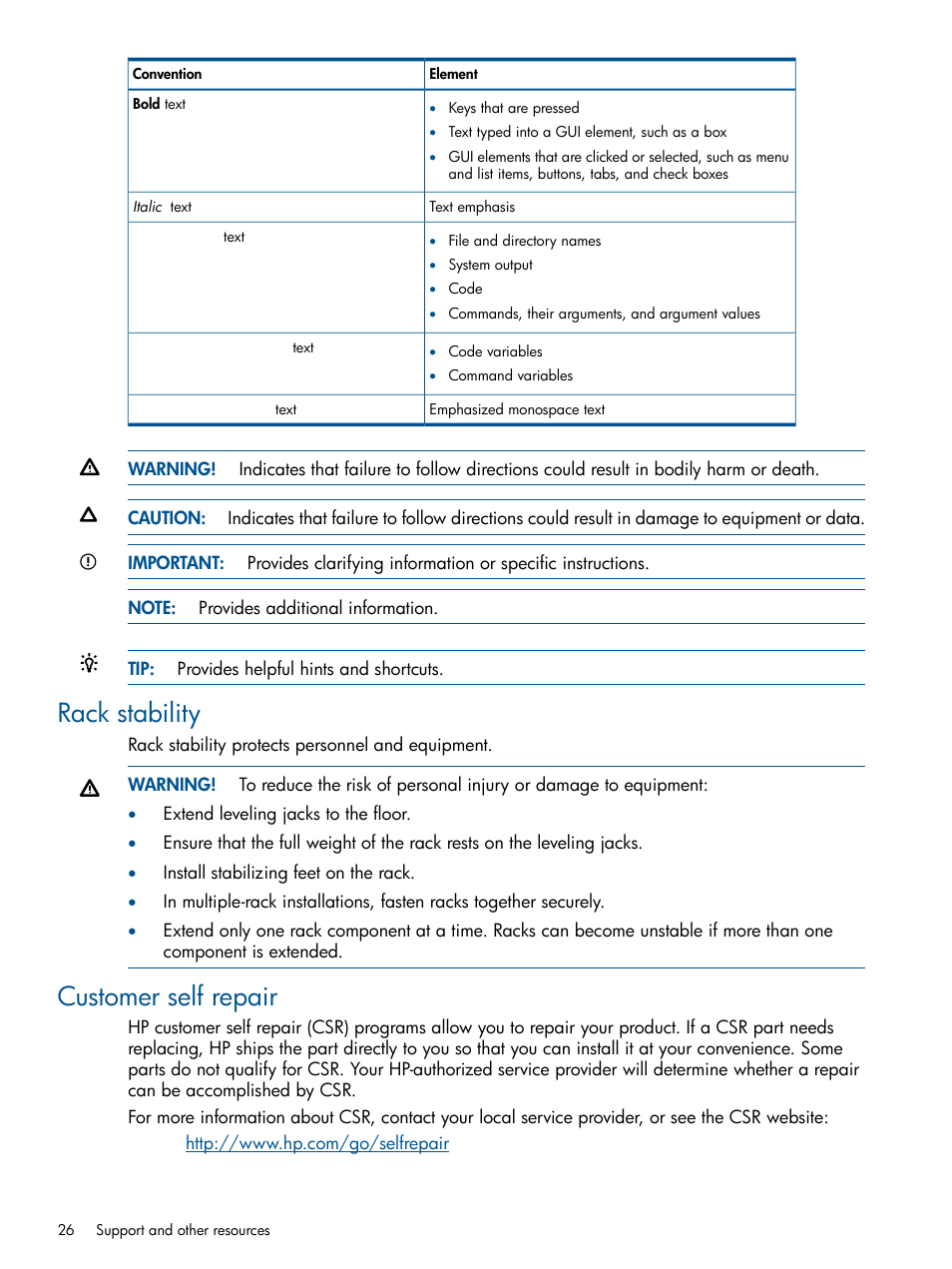 Rack stability, Customer self repair, Rack stability customer self repair | HP 6Gb SAS Switch for HP BladeSystem c-Class User Manual | Page 26 / 39