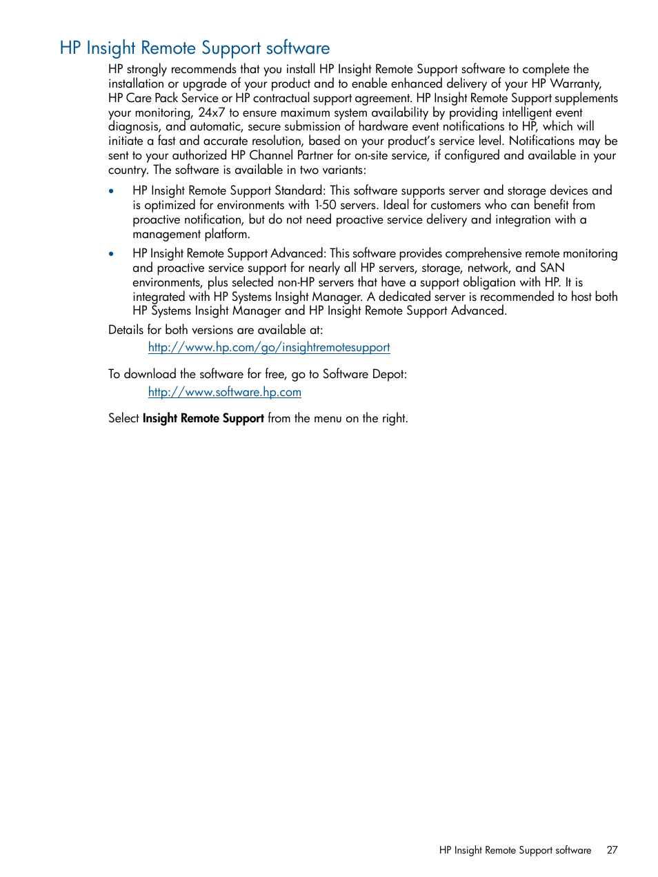 Hp insight remote support software | HP 6Gb SAS Switch for HP BladeSystem c-Class User Manual | Page 27 / 39