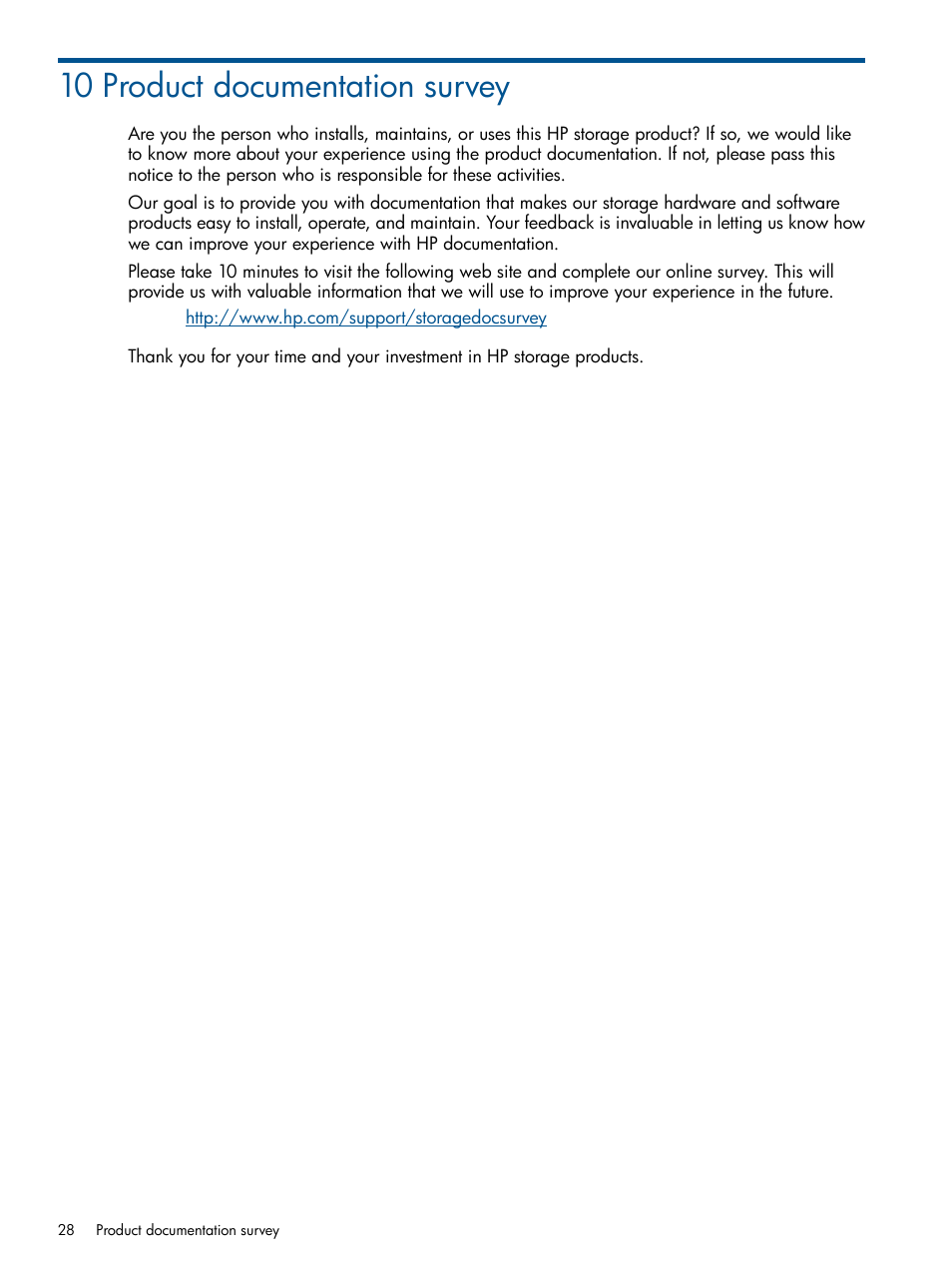 10 product documentation survey | HP 6Gb SAS Switch for HP BladeSystem c-Class User Manual | Page 28 / 39