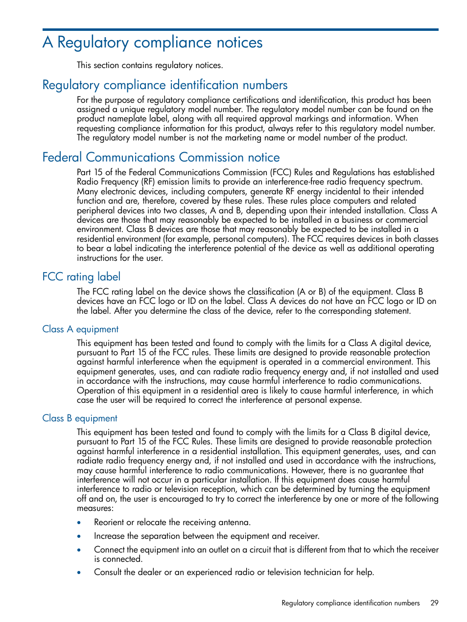 A regulatory compliance notices, Regulatory compliance identification numbers, Federal communications commission notice | Fcc rating label, Class a equipment, Class b equipment, Class a equipment class b equipment | HP 6Gb SAS Switch for HP BladeSystem c-Class User Manual | Page 29 / 39