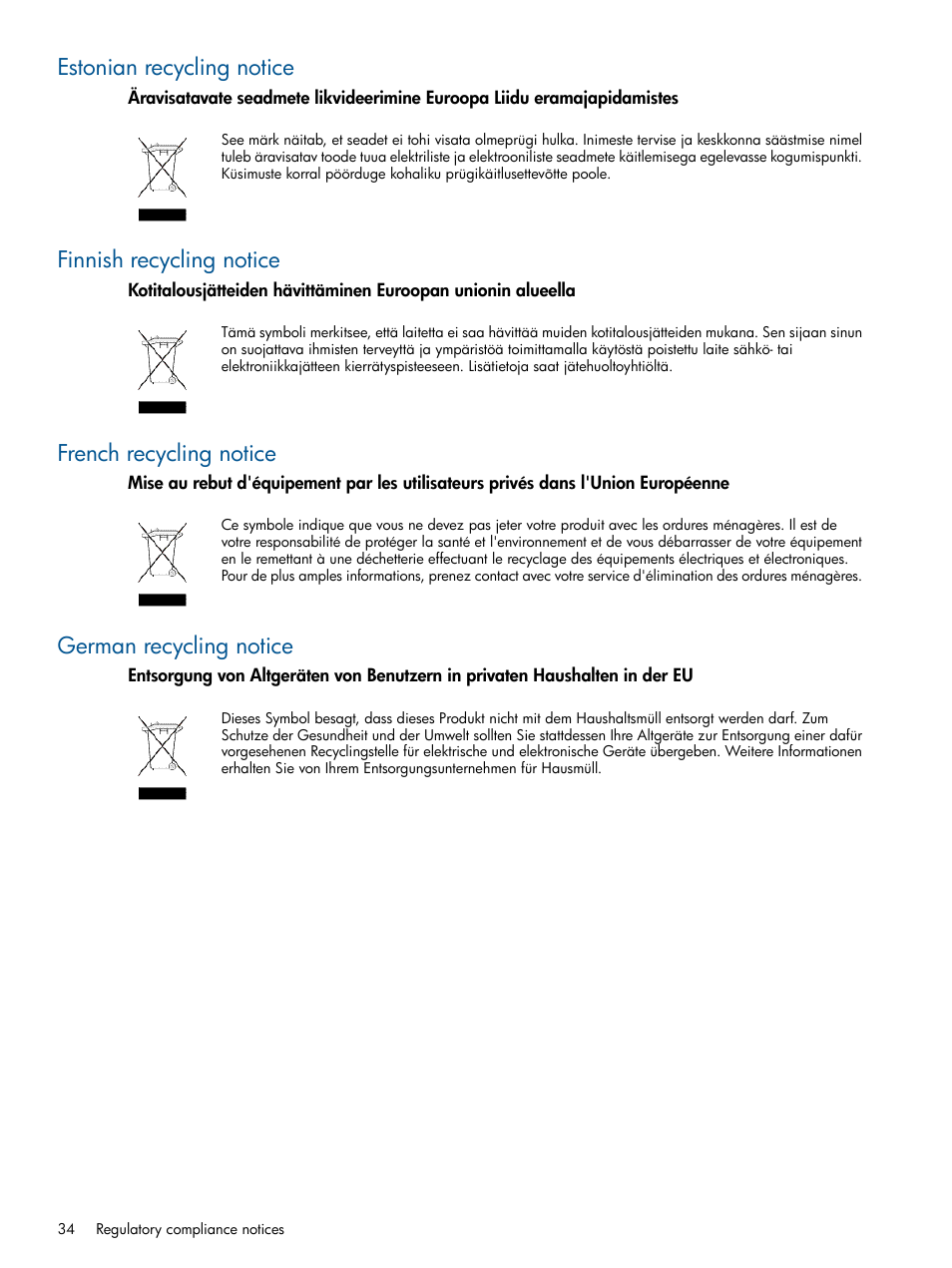 Estonian recycling notice, Finnish recycling notice, French recycling notice | German recycling notice | HP 6Gb SAS Switch for HP BladeSystem c-Class User Manual | Page 34 / 39