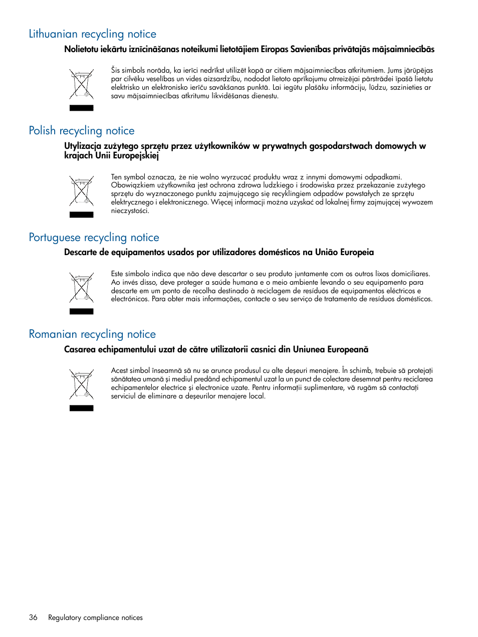 Lithuanian recycling notice, Polish recycling notice, Portuguese recycling notice | Romanian recycling notice | HP 6Gb SAS Switch for HP BladeSystem c-Class User Manual | Page 36 / 39