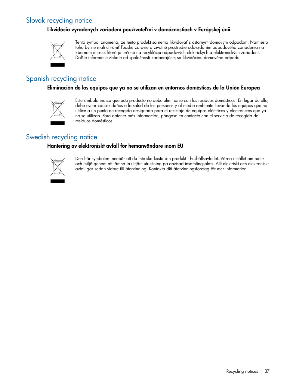 Slovak recycling notice, Spanish recycling notice, Swedish recycling notice | HP 6Gb SAS Switch for HP BladeSystem c-Class User Manual | Page 37 / 39