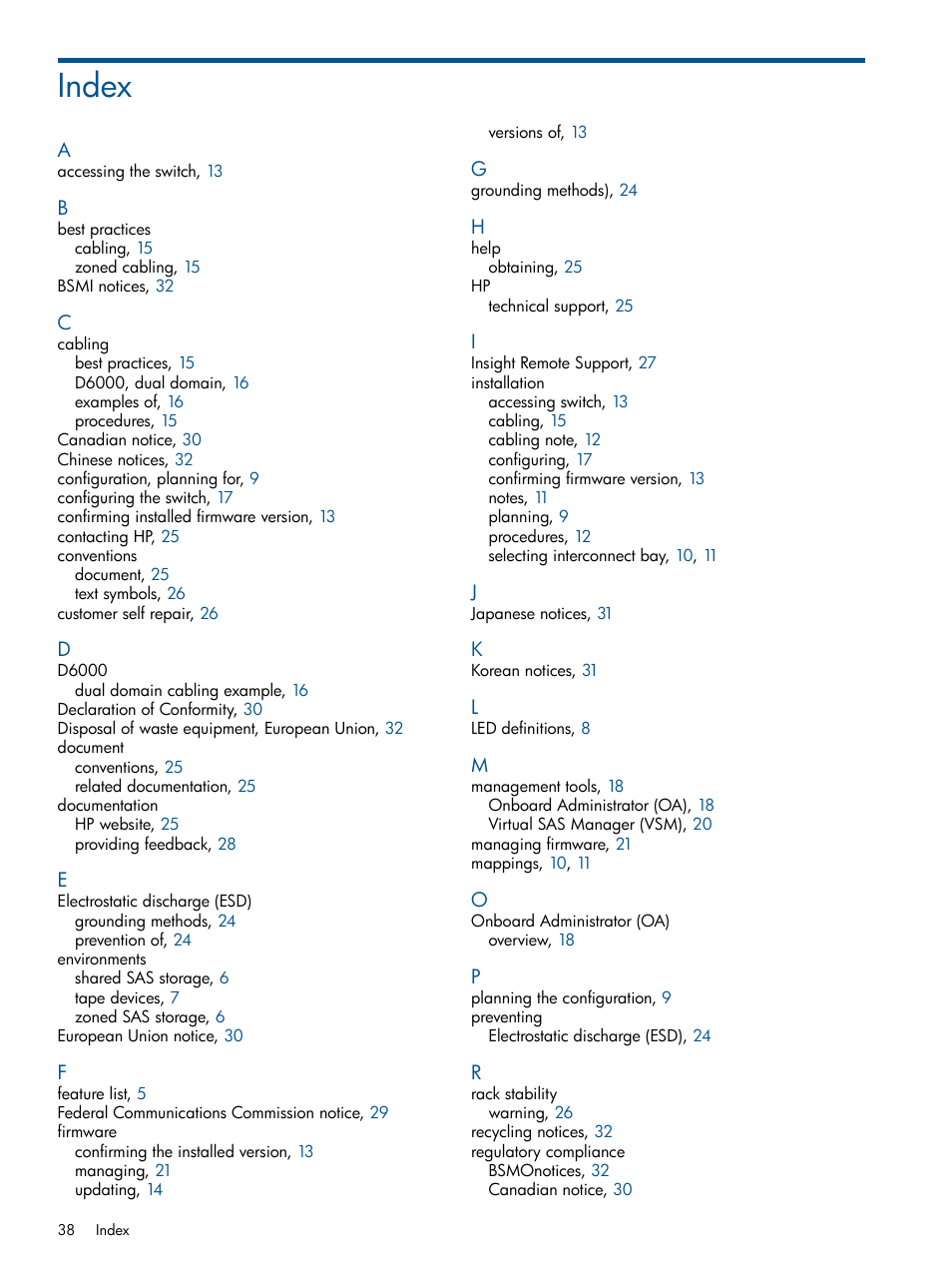 Index | HP 6Gb SAS Switch for HP BladeSystem c-Class User Manual | Page 38 / 39