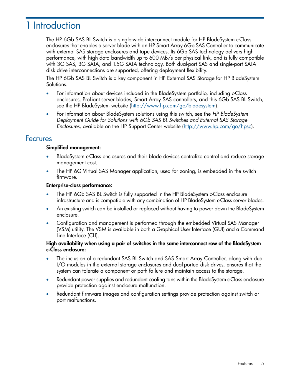 1 introduction, Features | HP 6Gb SAS Switch for HP BladeSystem c-Class User Manual | Page 5 / 39