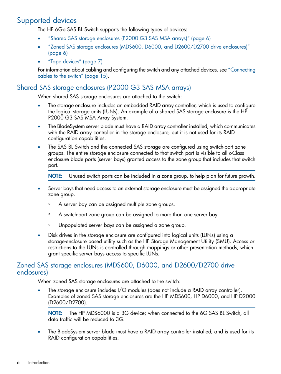 Supported devices | HP 6Gb SAS Switch for HP BladeSystem c-Class User Manual | Page 6 / 39