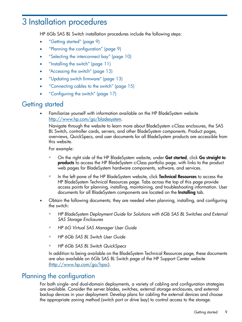 3 installation procedures, Getting started, Planning the configuration | Getting started planning the configuration | HP 6Gb SAS Switch for HP BladeSystem c-Class User Manual | Page 9 / 39