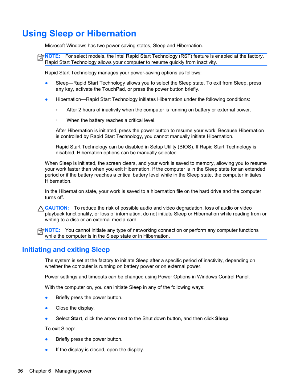 Using sleep or hibernation, Initiating and exiting sleep, Using | Using sleep or | HP ENVY Sleekbook 6-1040ca User Manual | Page 46 / 88