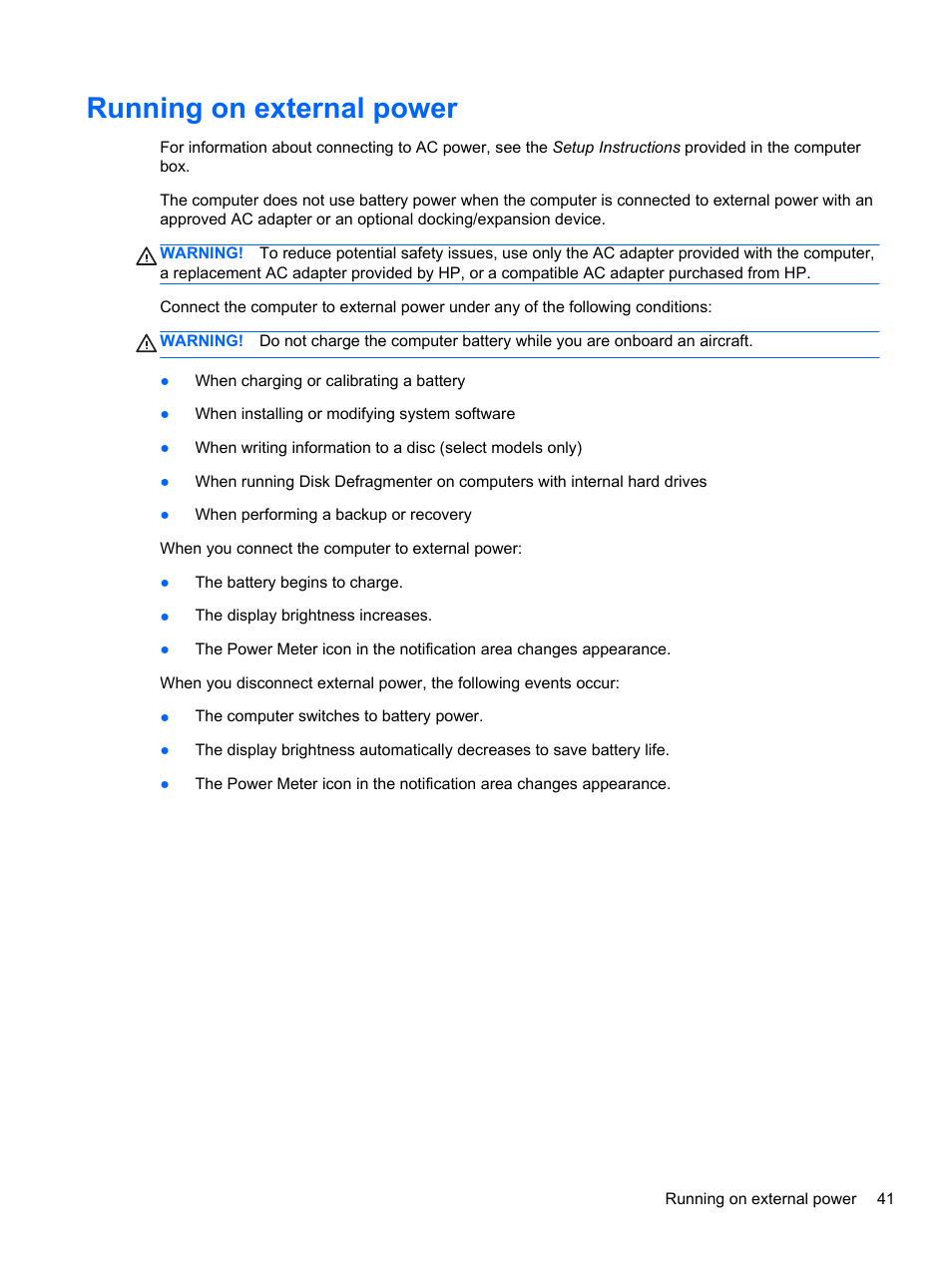 Running on external power | HP ENVY Sleekbook 6-1040ca User Manual | Page 51 / 88