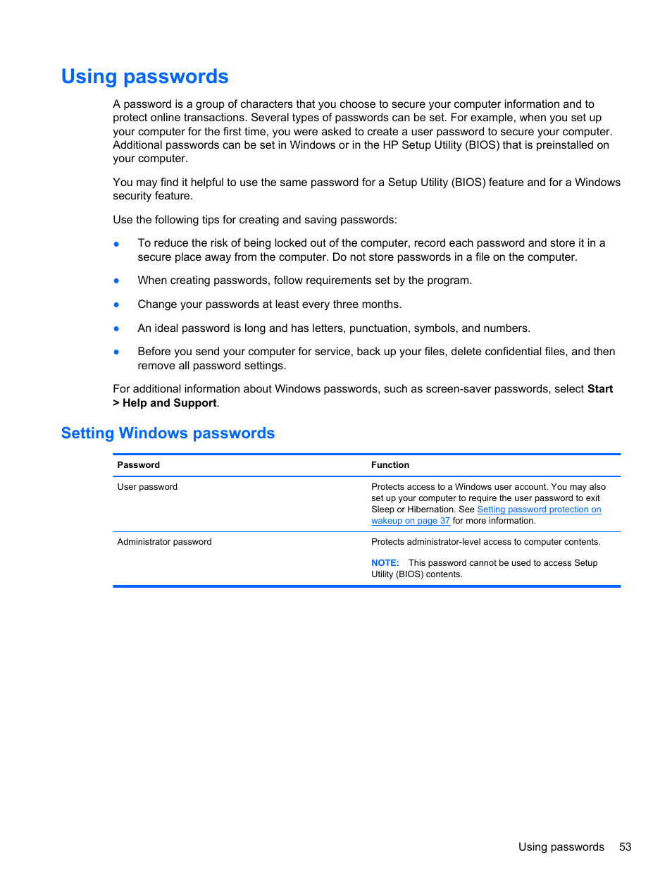 Using passwords, Setting windows passwords | HP ENVY Sleekbook 6-1040ca User Manual | Page 63 / 88