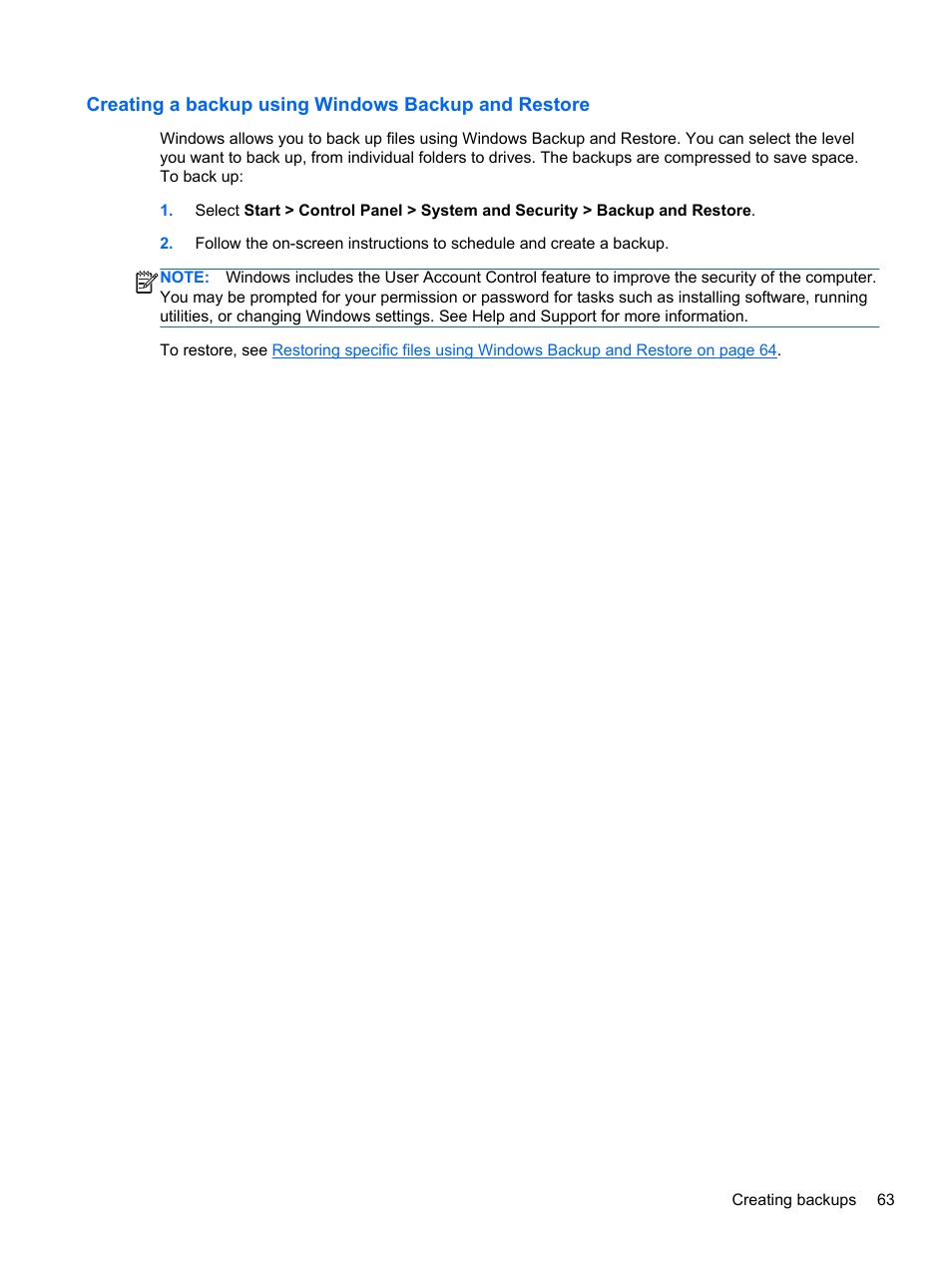 Creating a backup using windows backup and restore | HP ENVY Sleekbook 6-1040ca User Manual | Page 73 / 88