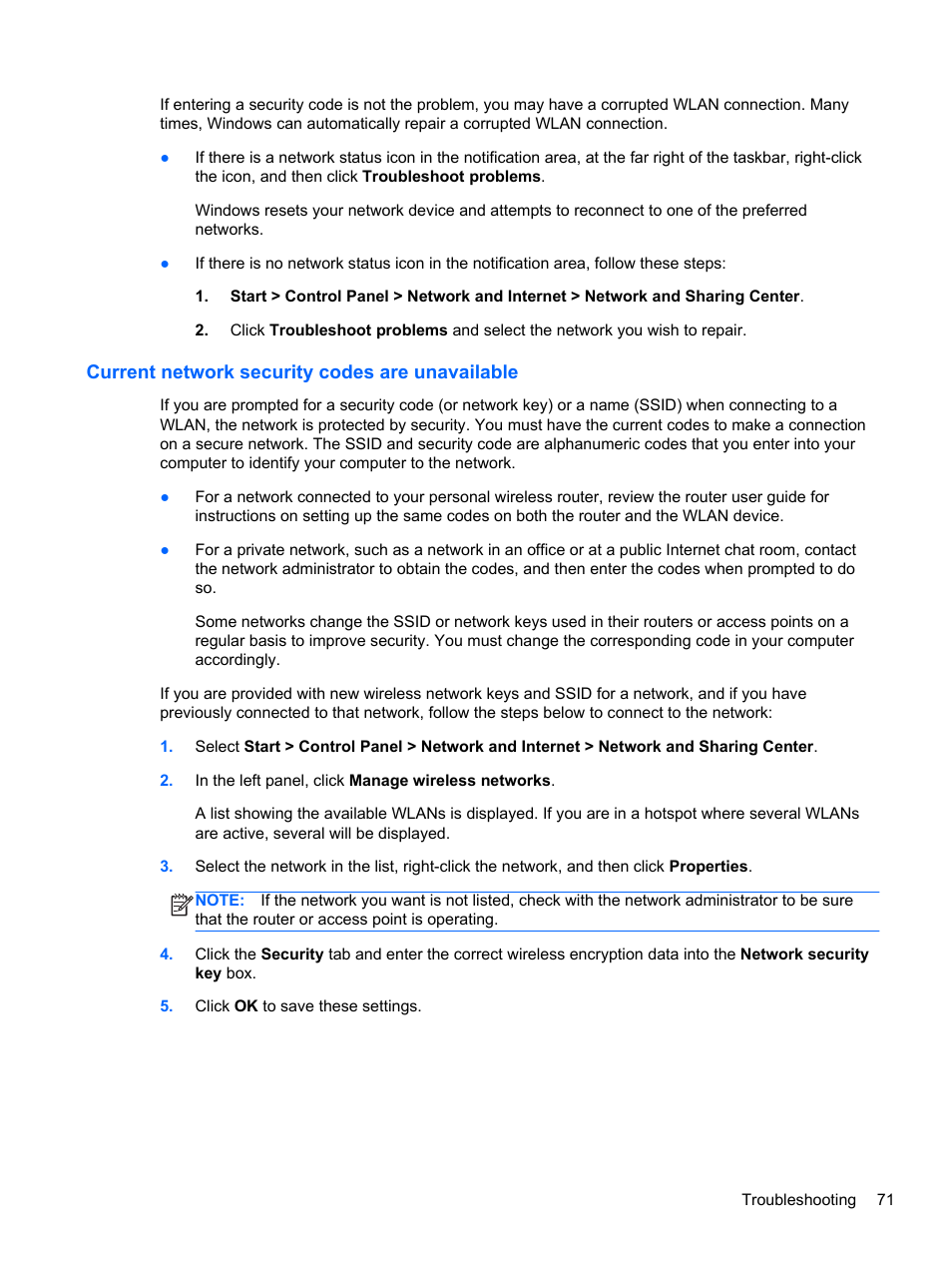 Current network security codes are unavailable | HP ENVY Sleekbook 6-1040ca User Manual | Page 81 / 88