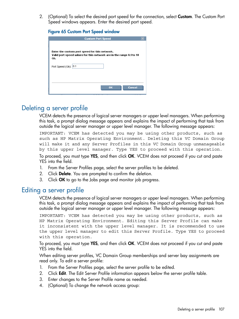 Deleting a server profile, Editing a server profile, Deleting a server profile editing a server profile | HP Insight Management-Software User Manual | Page 107 / 189