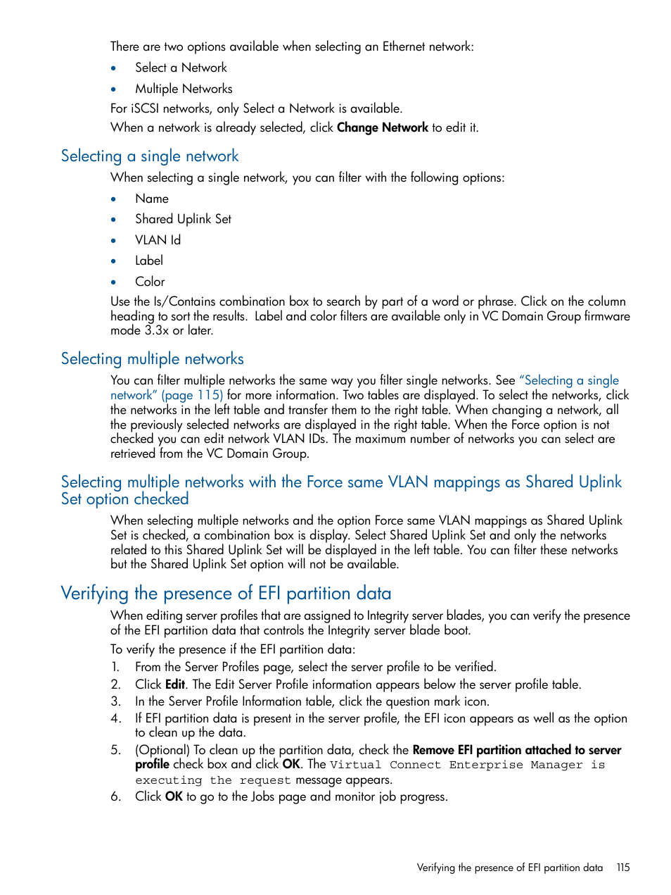 Selecting a single network, Selecting multiple networks, Verifying the presence of efi partition data | HP Insight Management-Software User Manual | Page 115 / 189