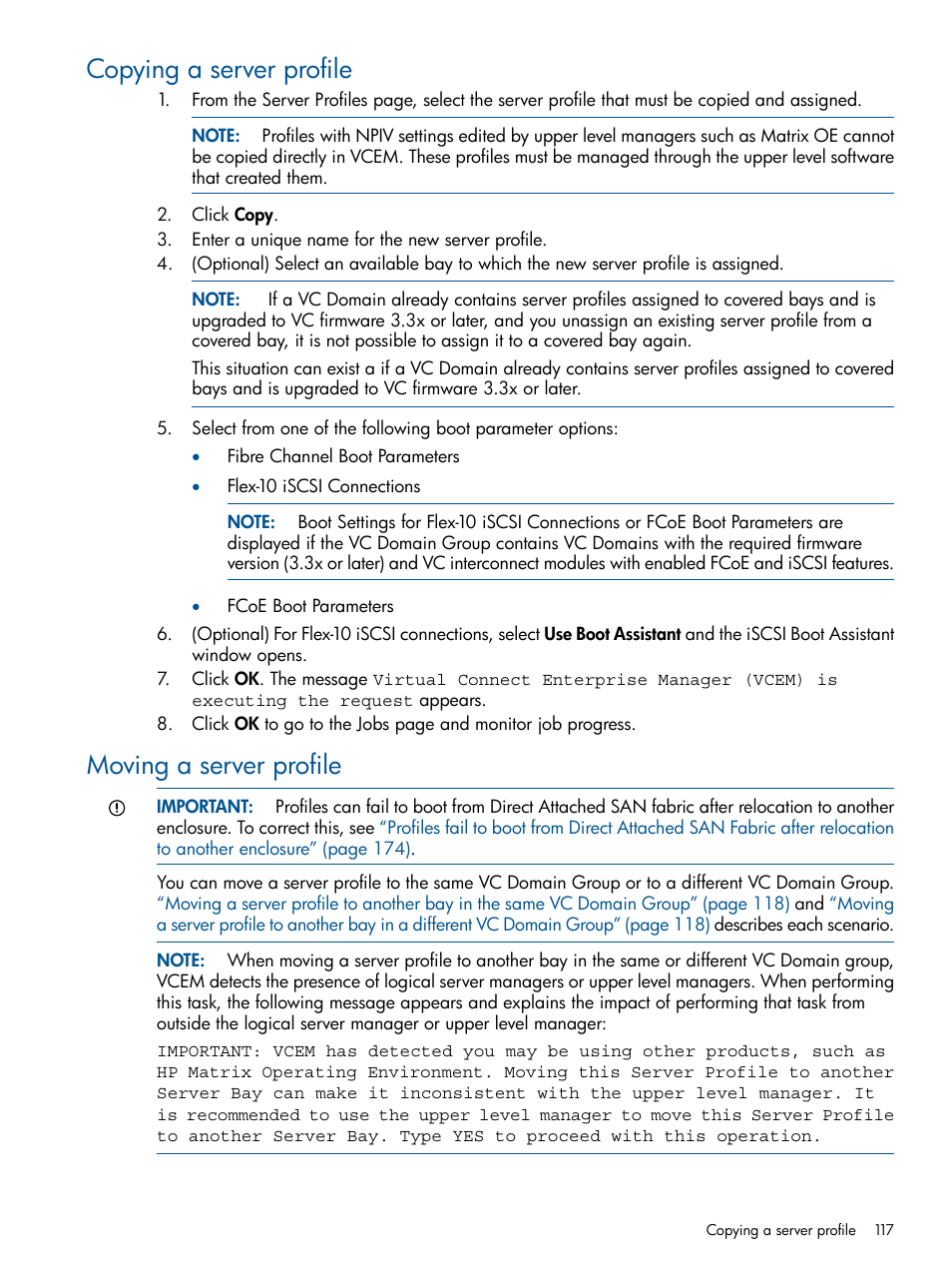 Copying a server profile, Moving a server profile, Copying a server profile moving a server profile | Moving a server | HP Insight Management-Software User Manual | Page 117 / 189