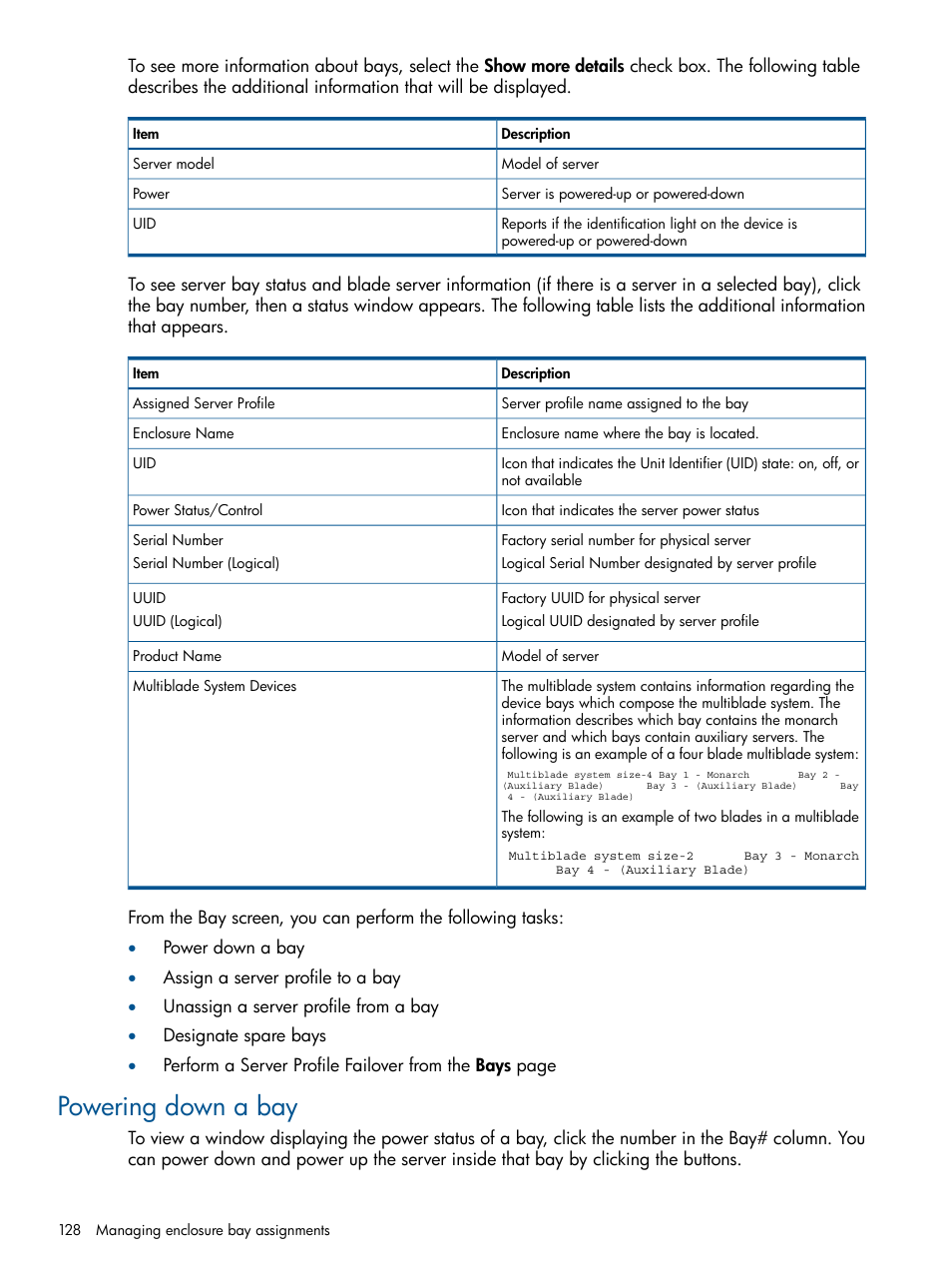 Powering down a bay | HP Insight Management-Software User Manual | Page 128 / 189