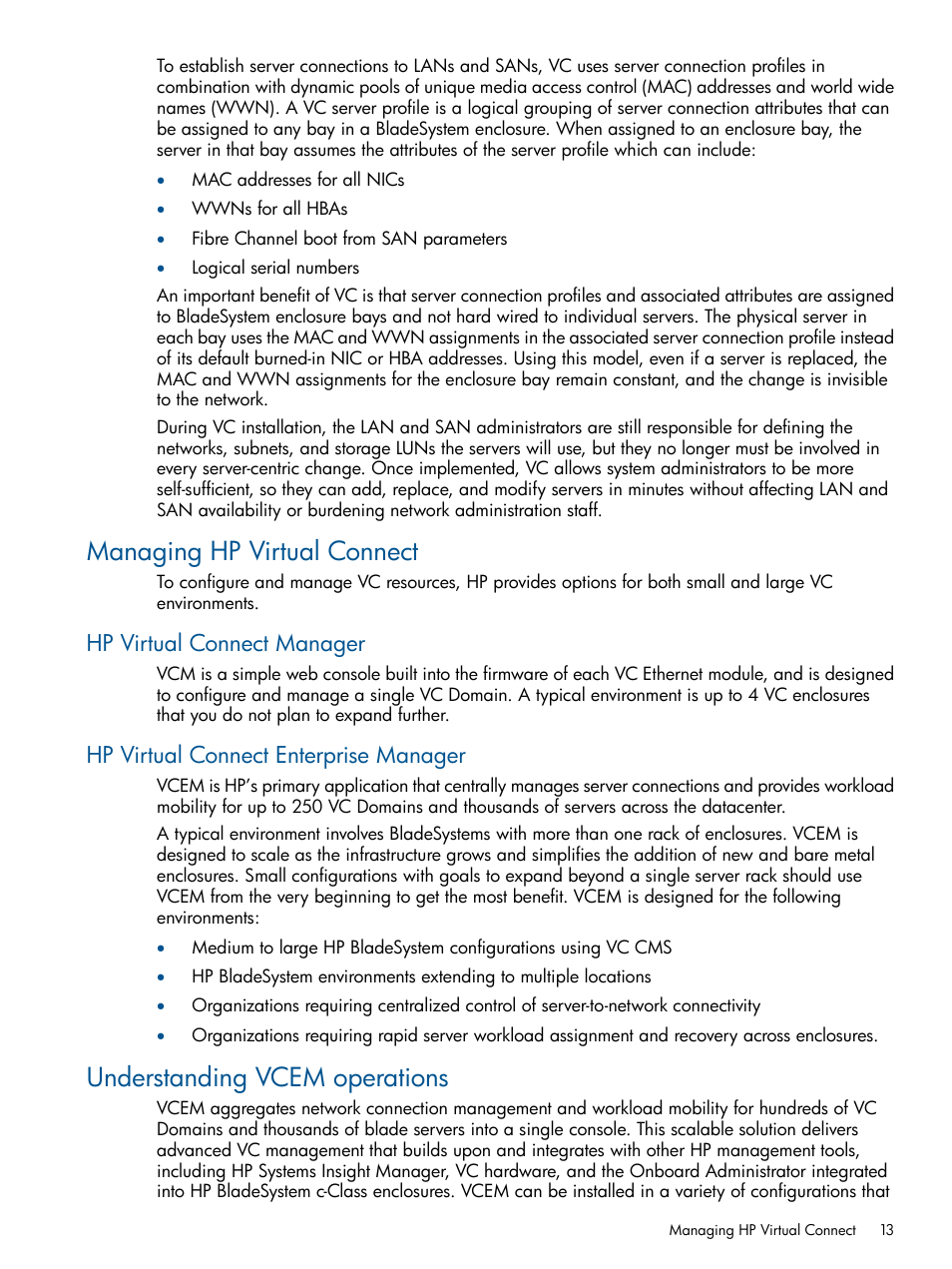 Managing hp virtual connect, Hp virtual connect manager, Hp virtual connect enterprise manager | Understanding vcem operations | HP Insight Management-Software User Manual | Page 13 / 189