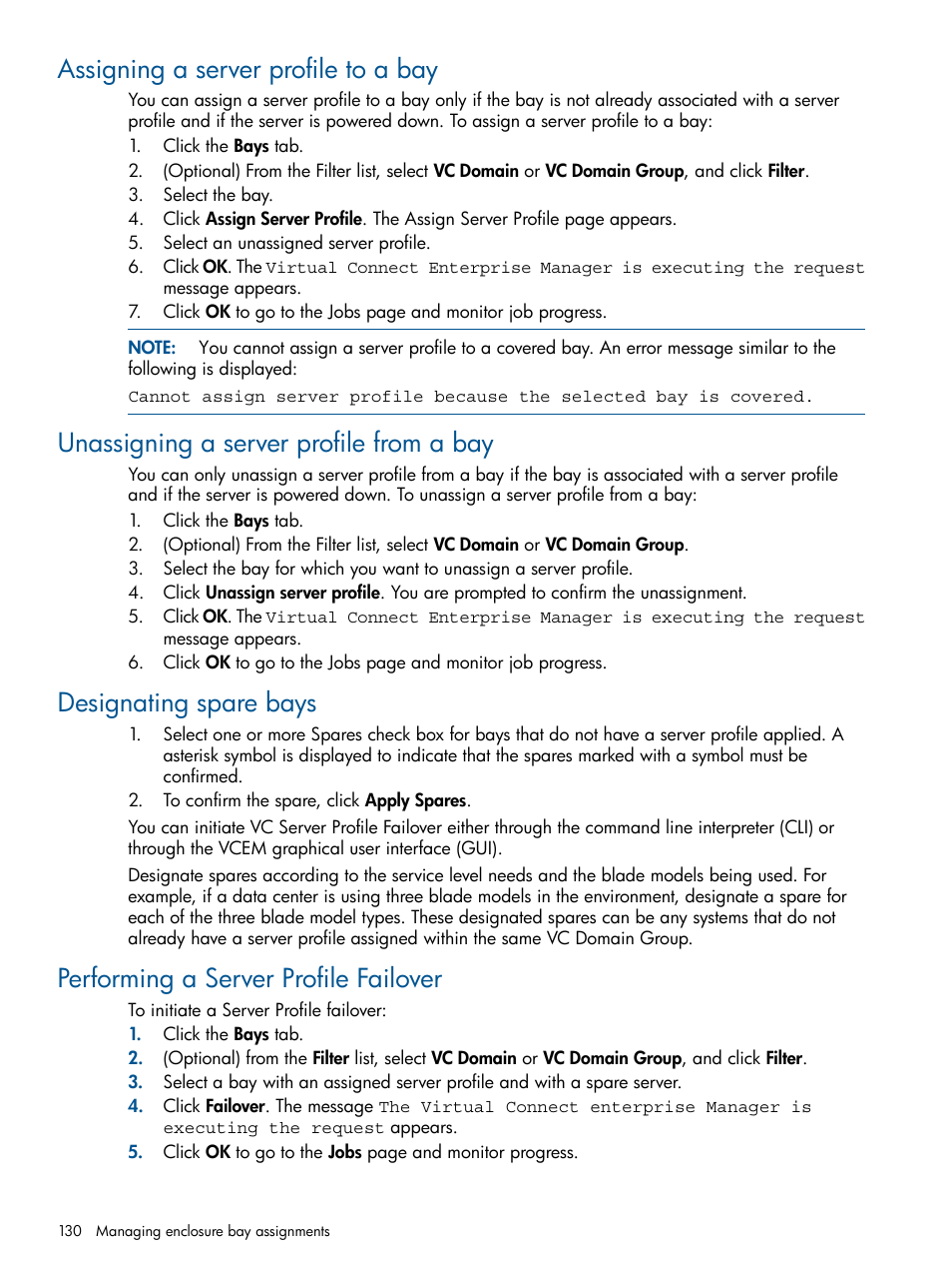 Assigning a server profile to a bay, Unassigning a server profile from a bay, Designating spare bays | Performing a server profile failover | HP Insight Management-Software User Manual | Page 130 / 189