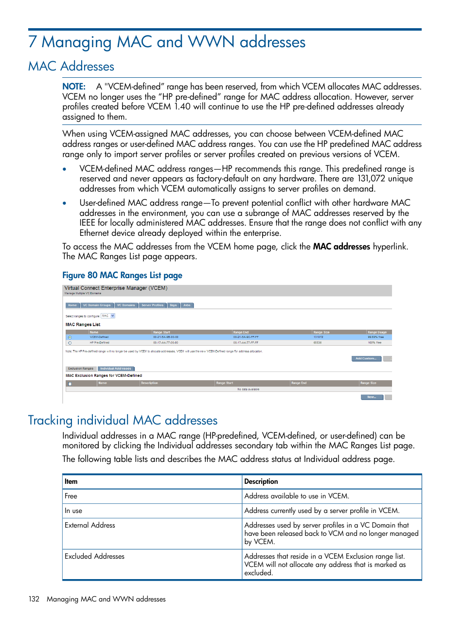 7 managing mac and wwn addresses, Mac addresses, Tracking individual mac addresses | Mac addresses tracking individual mac addresses | HP Insight Management-Software User Manual | Page 132 / 189