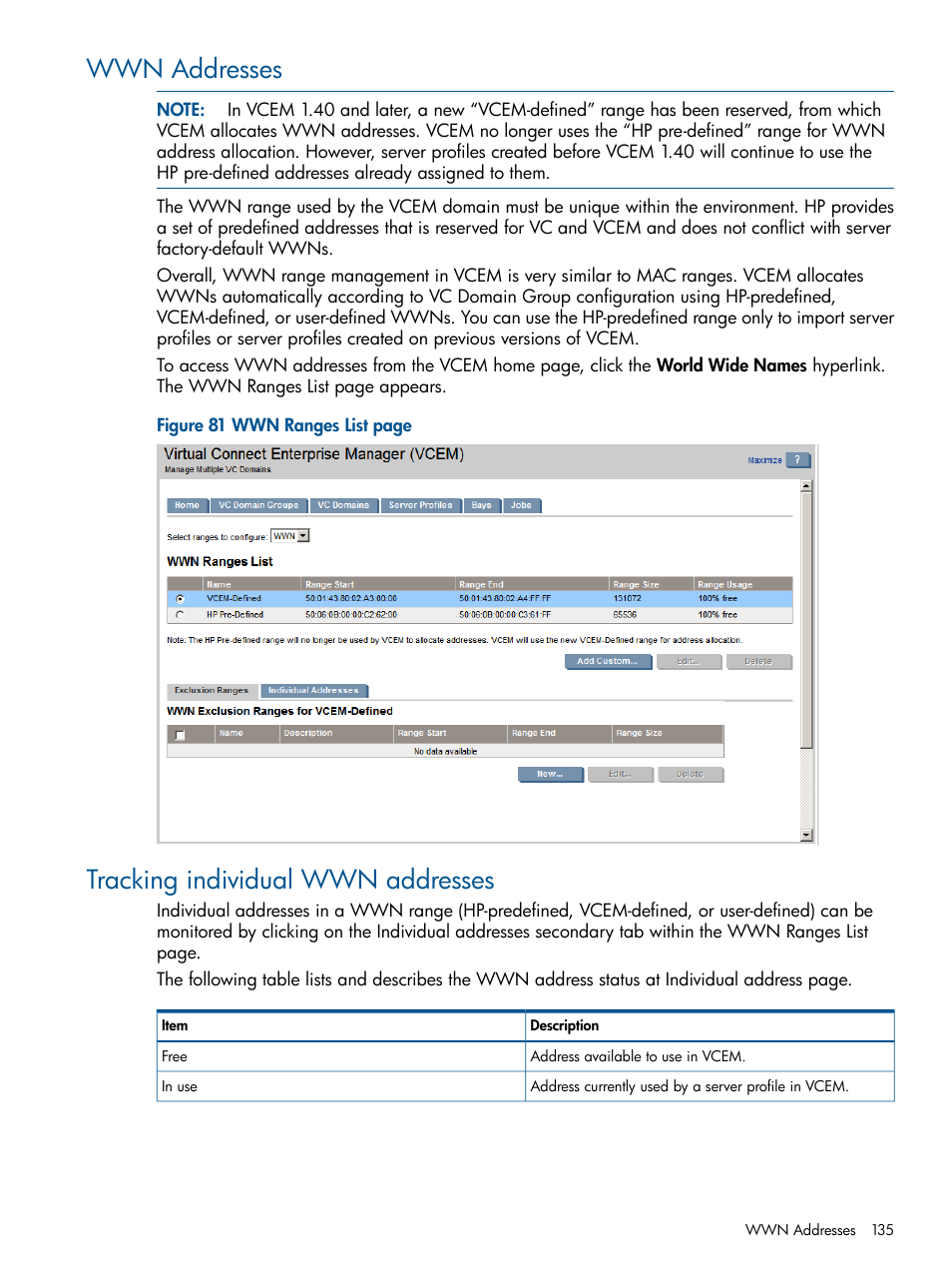 Wwn addresses, Tracking individual wwn addresses, Wwn addresses tracking individual wwn addresses | HP Insight Management-Software User Manual | Page 135 / 189