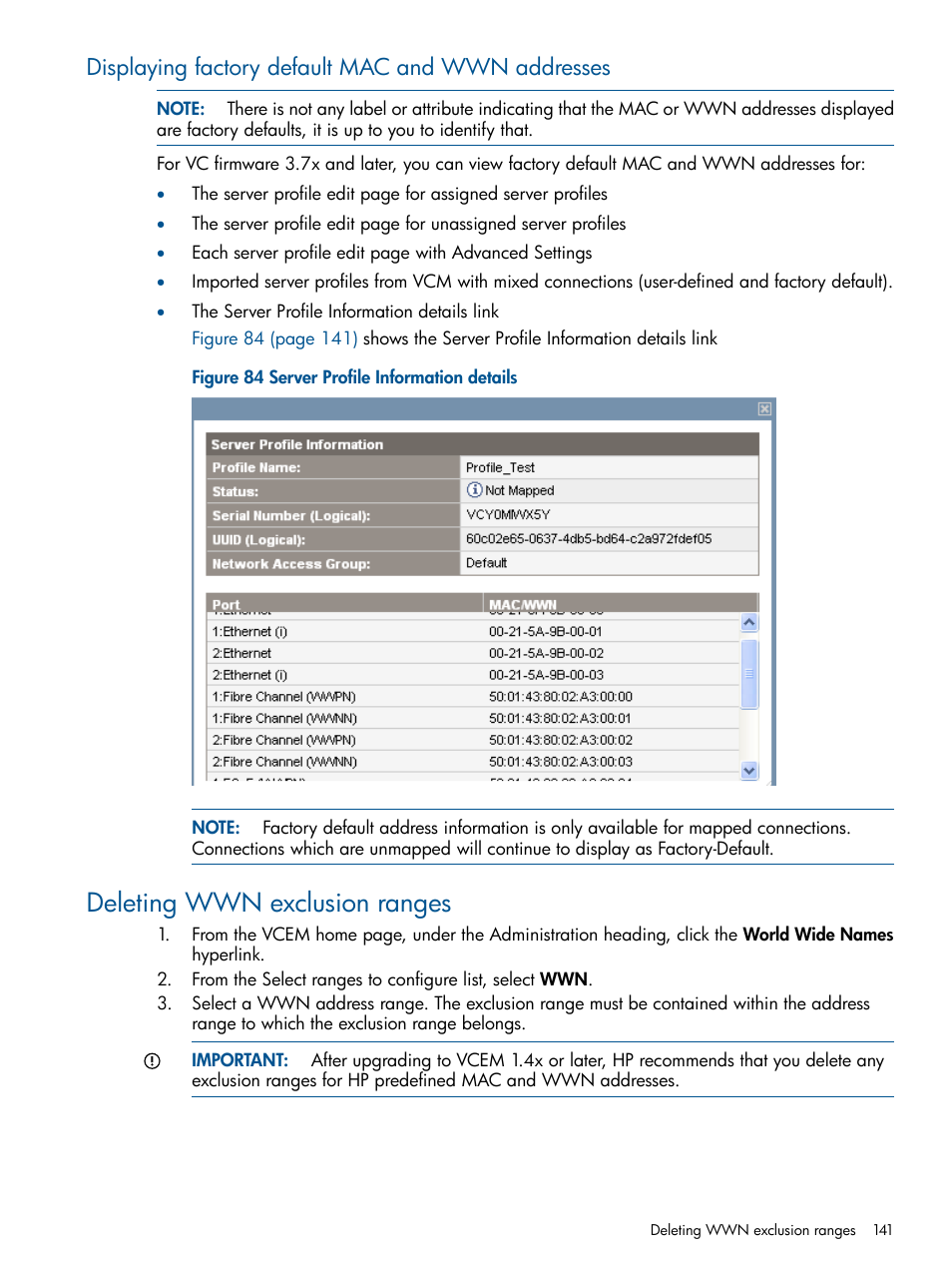 Displaying factory default mac and wwn addresses, Deleting wwn exclusion ranges | HP Insight Management-Software User Manual | Page 141 / 189