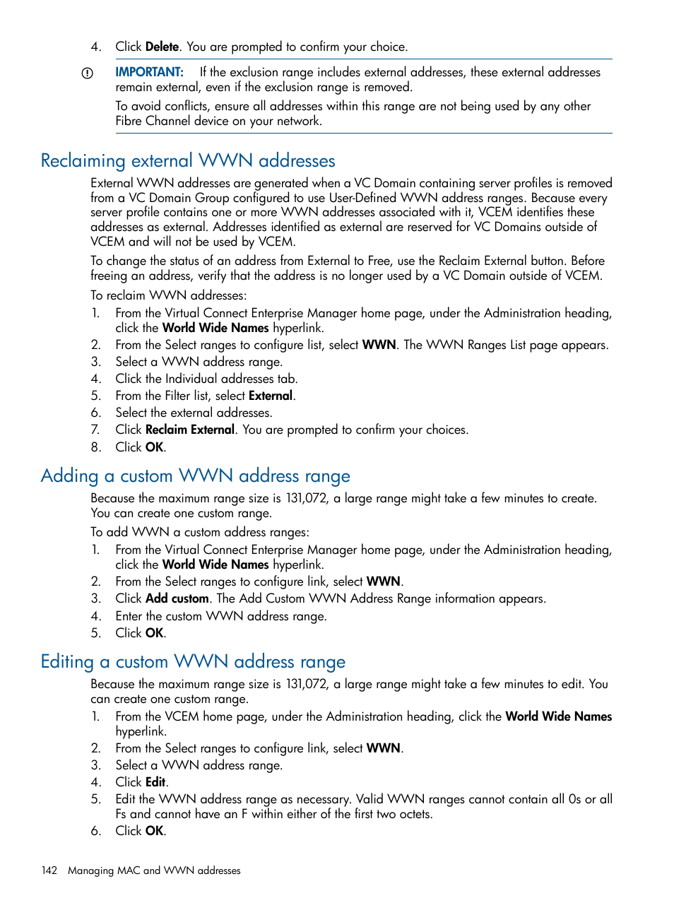 Reclaiming external wwn addresses, Adding a custom wwn address range, Editing a custom wwn address range | HP Insight Management-Software User Manual | Page 142 / 189