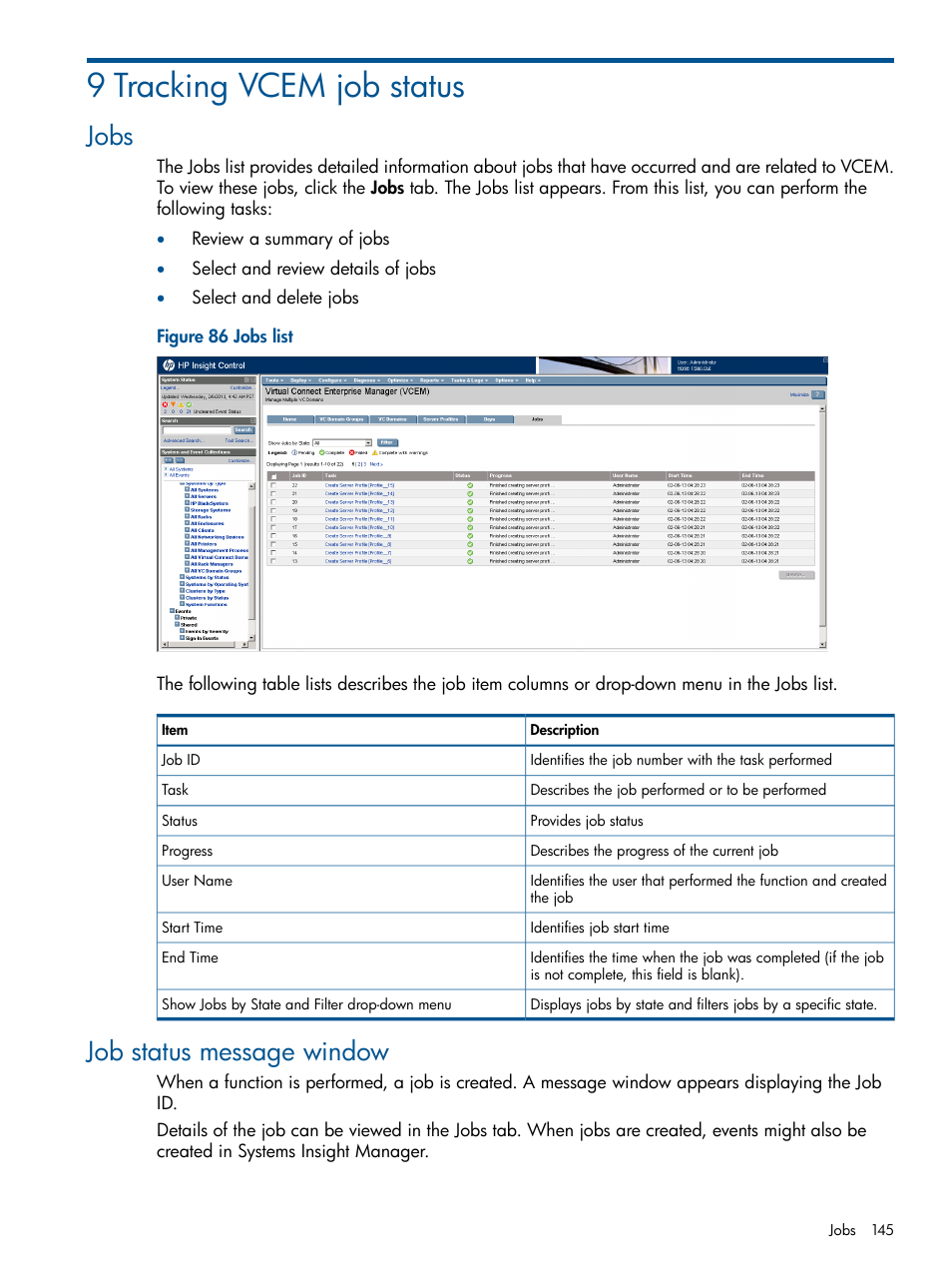 9 tracking vcem job status, Jobs, Job status message window | Jobs job status message window | HP Insight Management-Software User Manual | Page 145 / 189