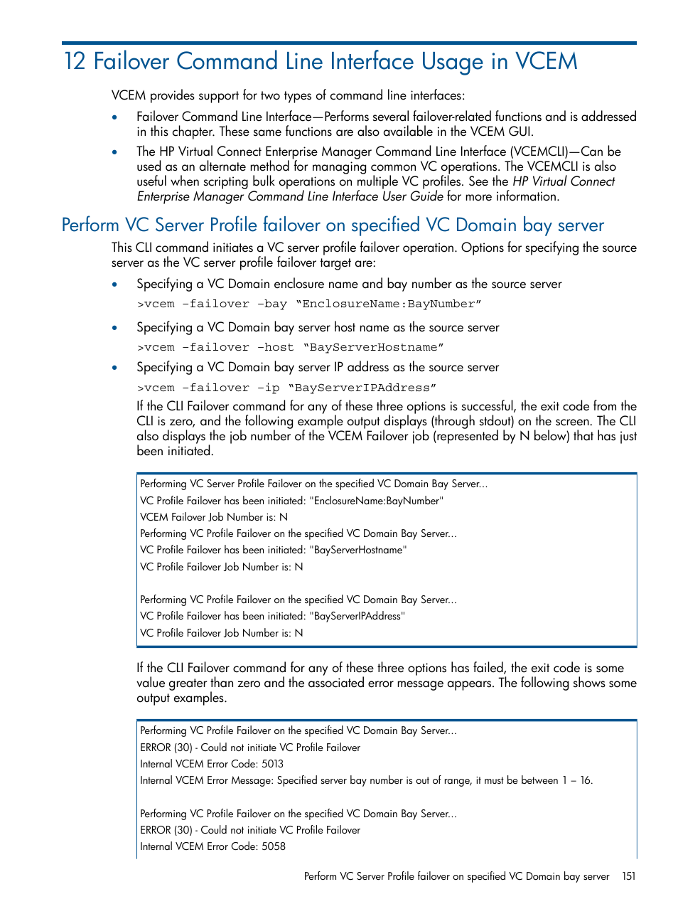 12 failover command line interface usage in vcem | HP Insight Management-Software User Manual | Page 151 / 189