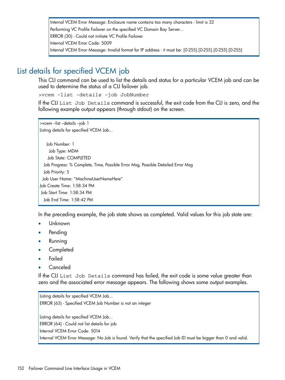 List details for specified vcem job | HP Insight Management-Software User Manual | Page 152 / 189