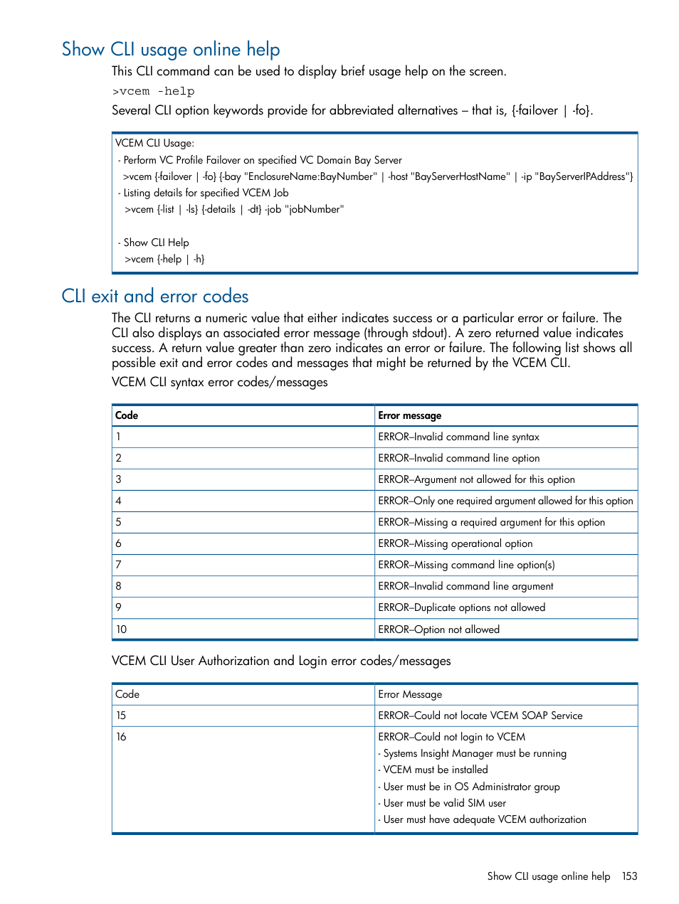 Show cli usage online help, Cli exit and error codes | HP Insight Management-Software User Manual | Page 153 / 189