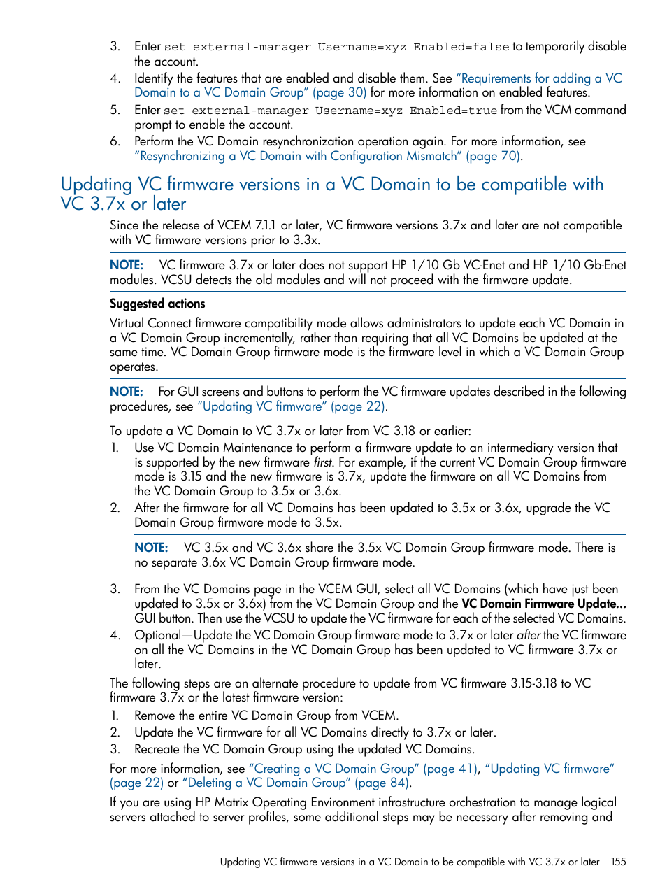 Updating vc firmware versions in a vc domain to be | HP Insight Management-Software User Manual | Page 155 / 189