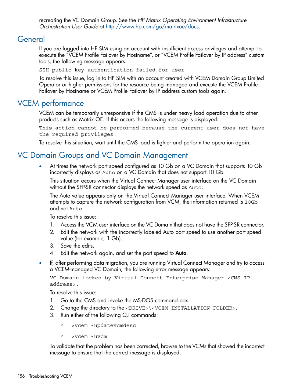 General, Vcem performance, Vc domain groups and vc domain management | HP Insight Management-Software User Manual | Page 156 / 189