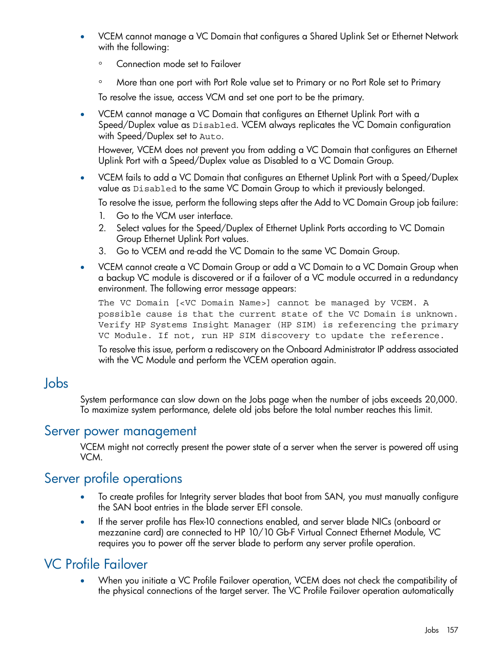 Jobs, Server power management, Server profile operations | Vc profile failover | HP Insight Management-Software User Manual | Page 157 / 189
