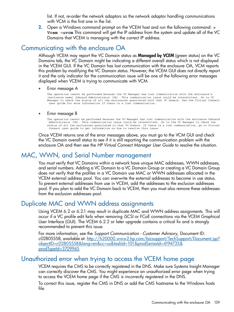 Communicating with the enclosure oa, Mac, wwn, and serial number management, Duplicate mac and wwn address assignments | HP Insight Management-Software User Manual | Page 159 / 189