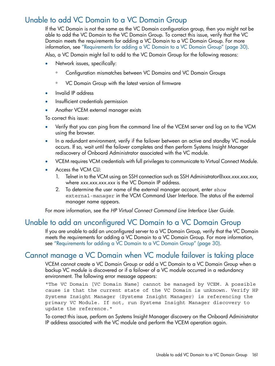 Unable to add vc domain to a vc domain group | HP Insight Management-Software User Manual | Page 161 / 189