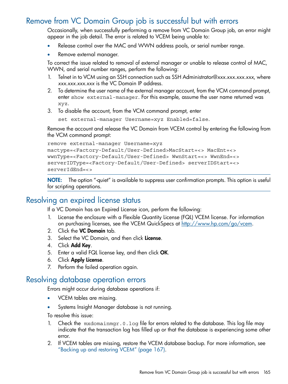 Resolving an expired license status, Resolving database operation errors | HP Insight Management-Software User Manual | Page 165 / 189