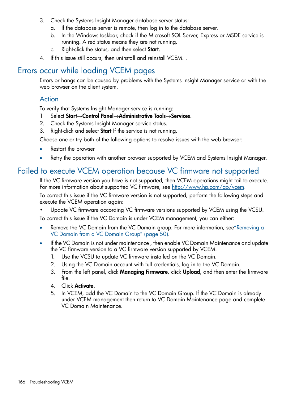 Errors occur while loading vcem pages, Action | HP Insight Management-Software User Manual | Page 166 / 189