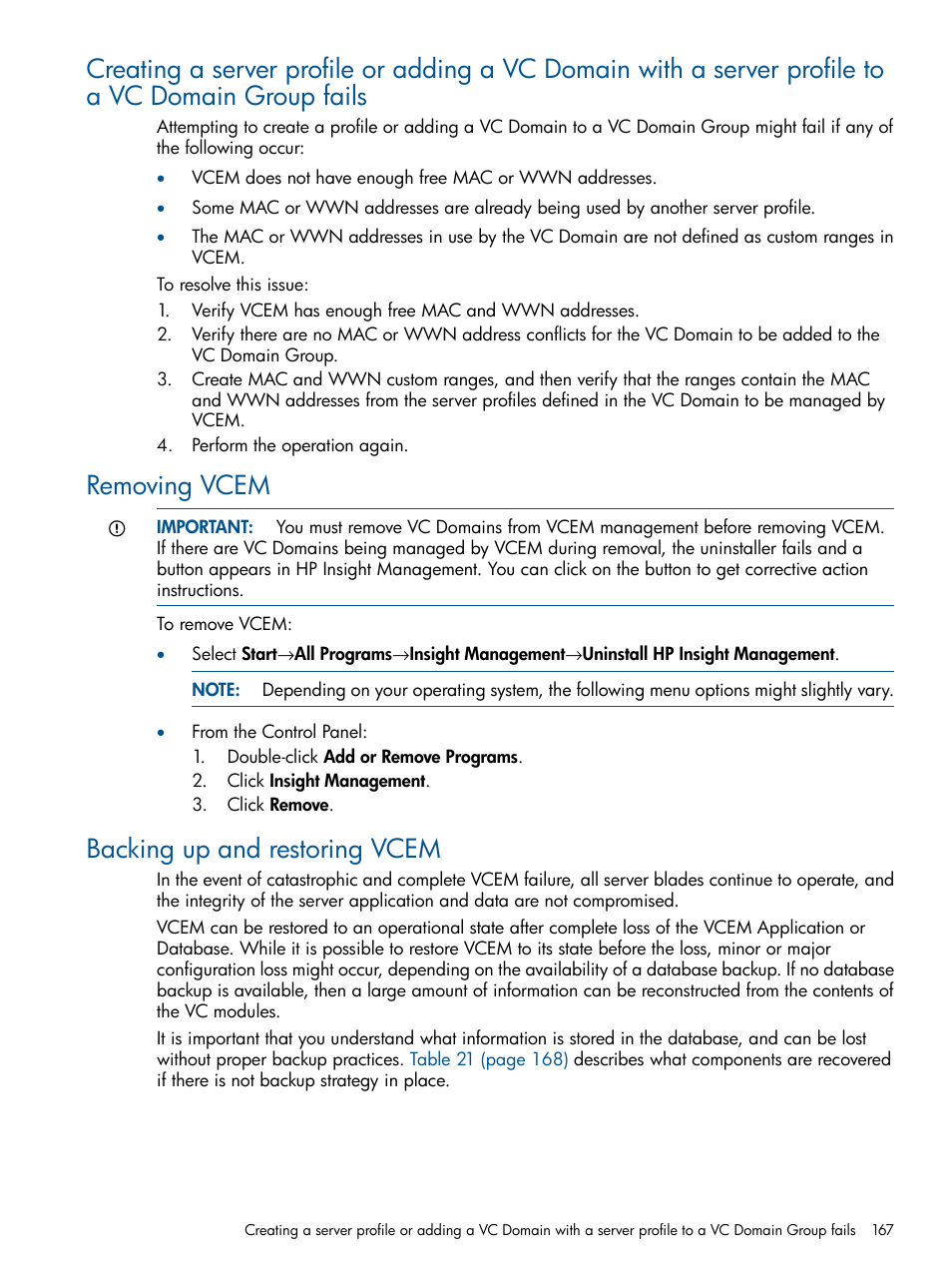 Removing vcem, Backing up and restoring vcem | HP Insight Management-Software User Manual | Page 167 / 189