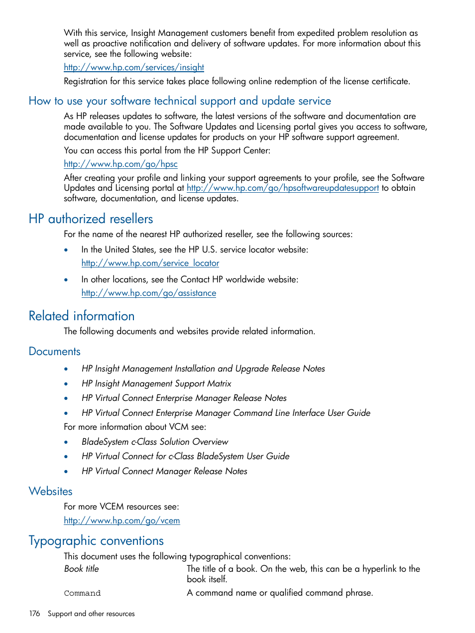 Hp authorized resellers, Related information, Documents | Websites, Typographic conventions, Hp authorized resellers related information, Documents websites | HP Insight Management-Software User Manual | Page 176 / 189