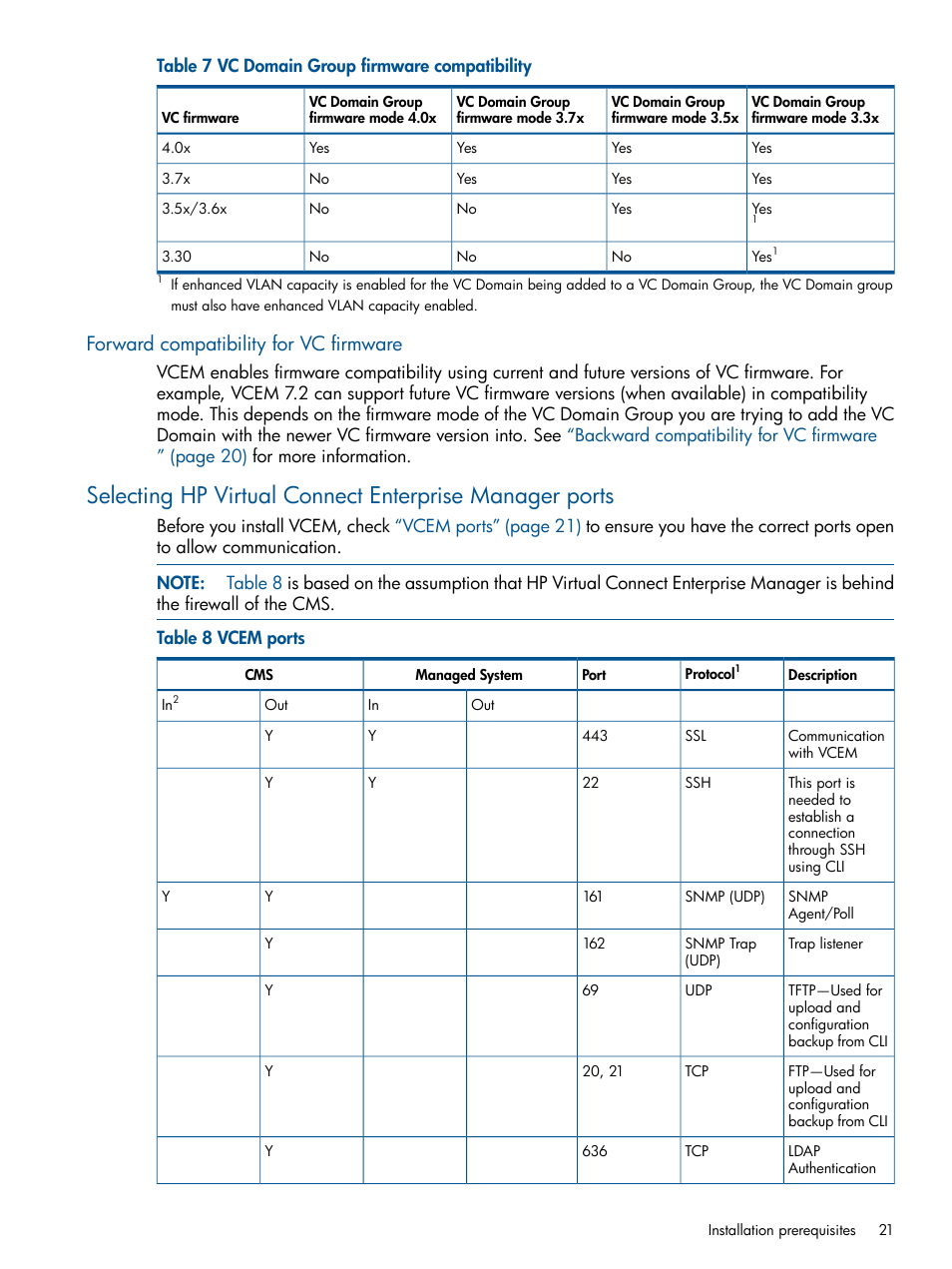 Forward compatibility for vc firmware, Table 7 | HP Insight Management-Software User Manual | Page 21 / 189