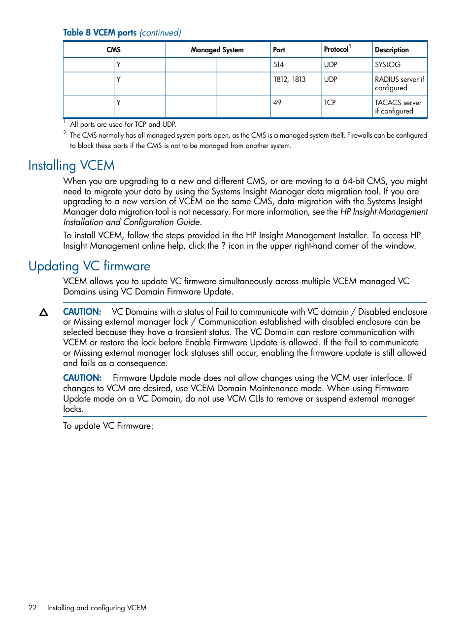 Installing vcem, Updating vc firmware, Installing vcem updating vc firmware | HP Insight Management-Software User Manual | Page 22 / 189