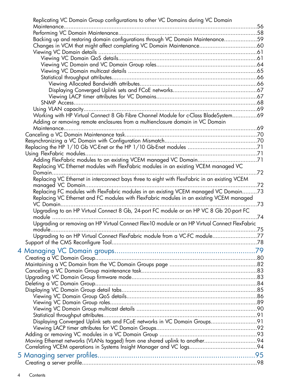 4 managing vc domain groups, 5 managing server profiles | HP Insight Management-Software User Manual | Page 4 / 189