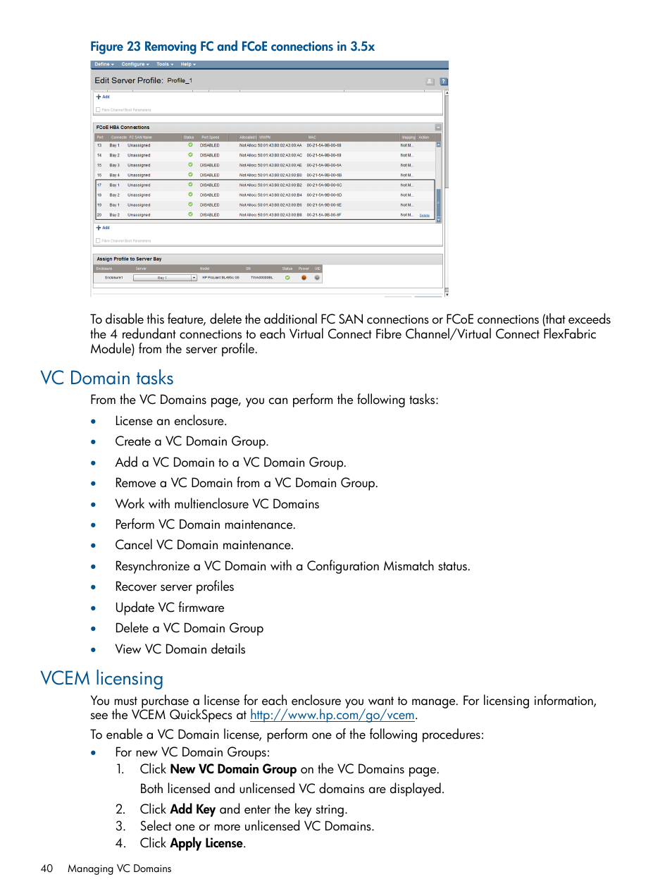 Vc domain tasks, Vcem licensing, Vc domain tasks vcem licensing | HP Insight Management-Software User Manual | Page 40 / 189